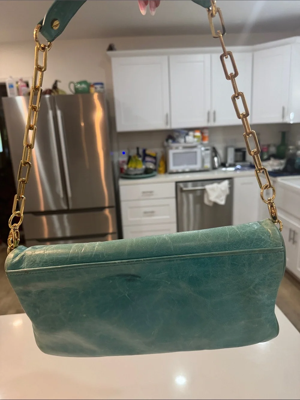 Tory Burch Teal Leather Logo Clutch with Gold Chain Strap